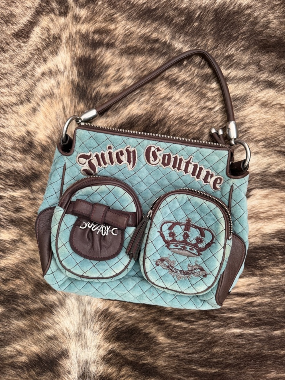 Juicy Couture Teal Quilted Shoulder Bag with Brown Trim and Front Pockets